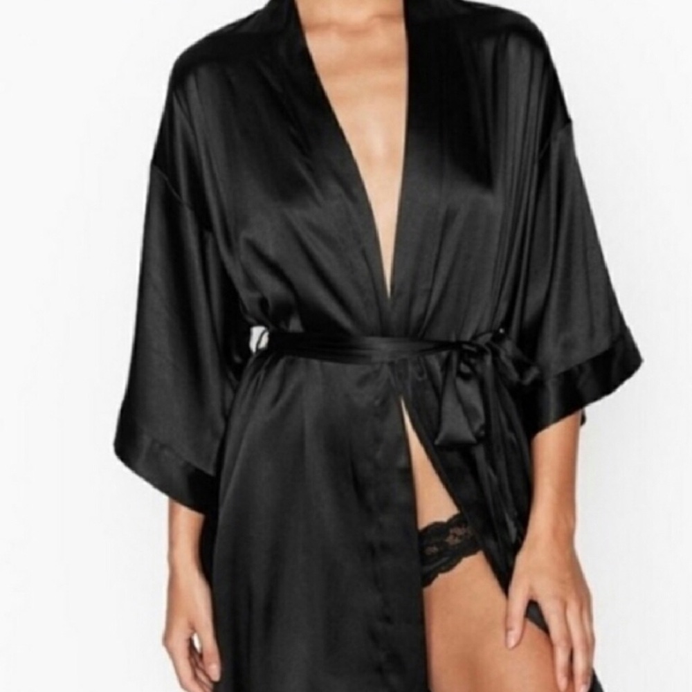 Victoria Secret Angels Black Satin Kimono robe